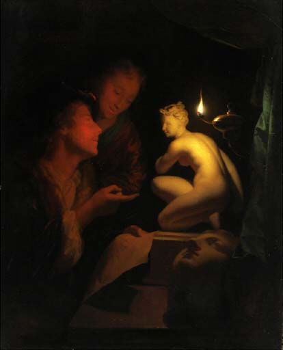 Godfried Schalcken, Two men examining a painting by candlelight